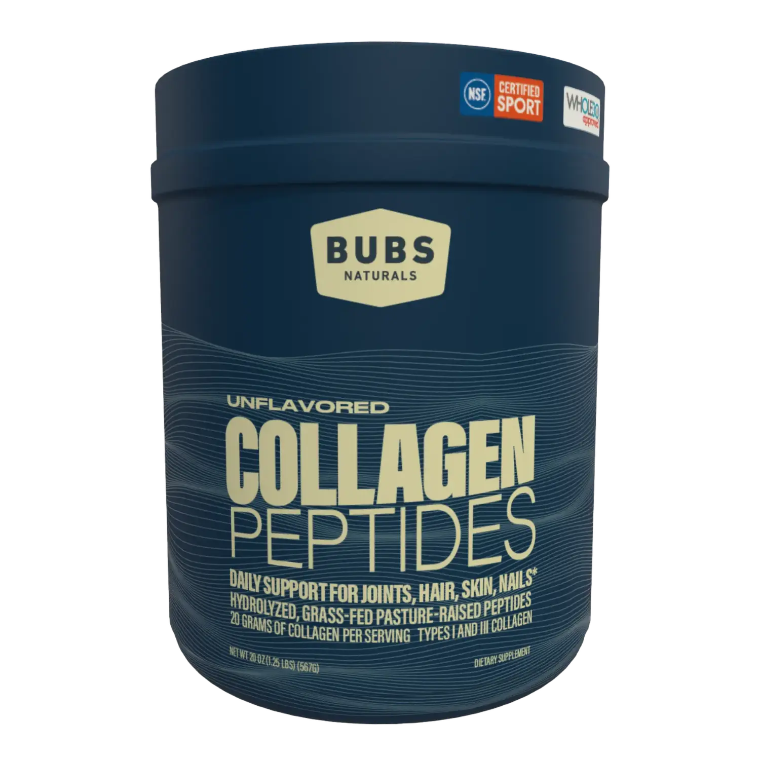 BUBS Naturals Unflavored Collagen Peptides, 20oz tub, front